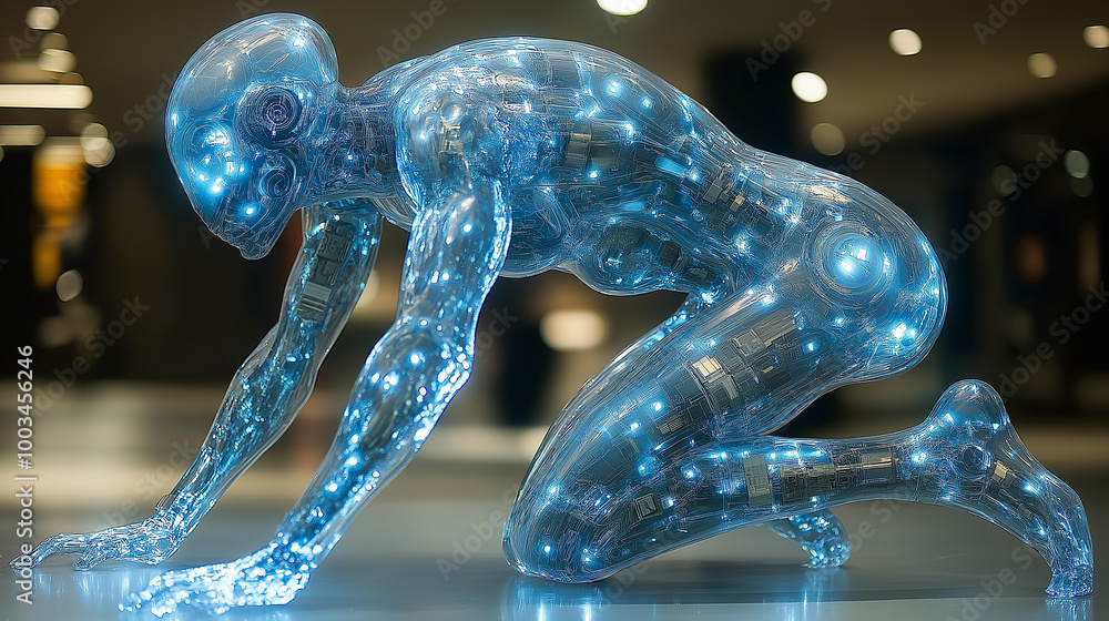 Transparent humanoid robot is kneeling down with blue lights Transparent humanoid robot is kneeling down with blue lights