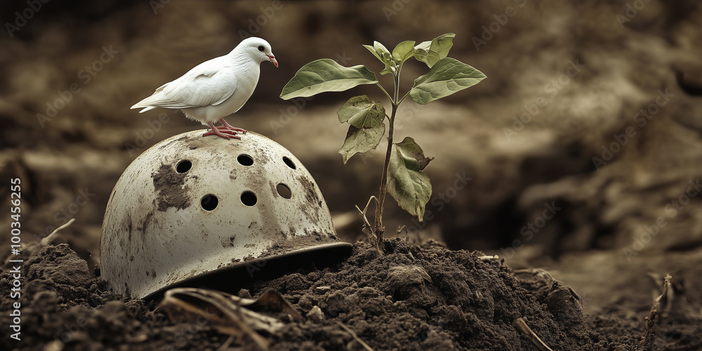 Obraz premium White dove of peace perched on a worn soldier’s helmet or missile, surrounded by fresh green sprouts breaking through the earth, symbolizing peace and hope in the context of war and destruction.