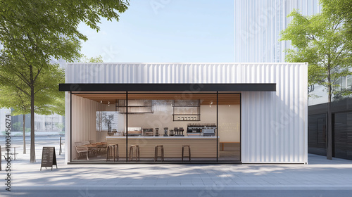 Modern coffee shop made from shipping container with large windows on sunny day photo