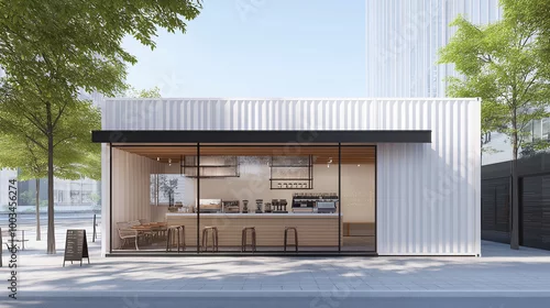 Obraz Modern coffee shop made from shipping container with large windows on sunny day