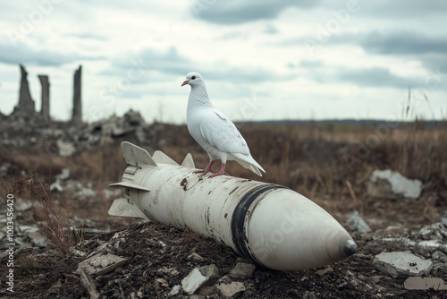 White dove of peace perched on a worn soldier’s helmet or missile, surrounded by fresh green sprouts breaking through the earth, symbolizing peace and hope in the context of war and destruction.