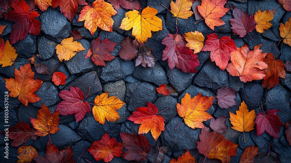 A colorful arrangement of autumn leaves scattered over dark stones. A colorful arrangement of autumn leaves scattered over dark stones.