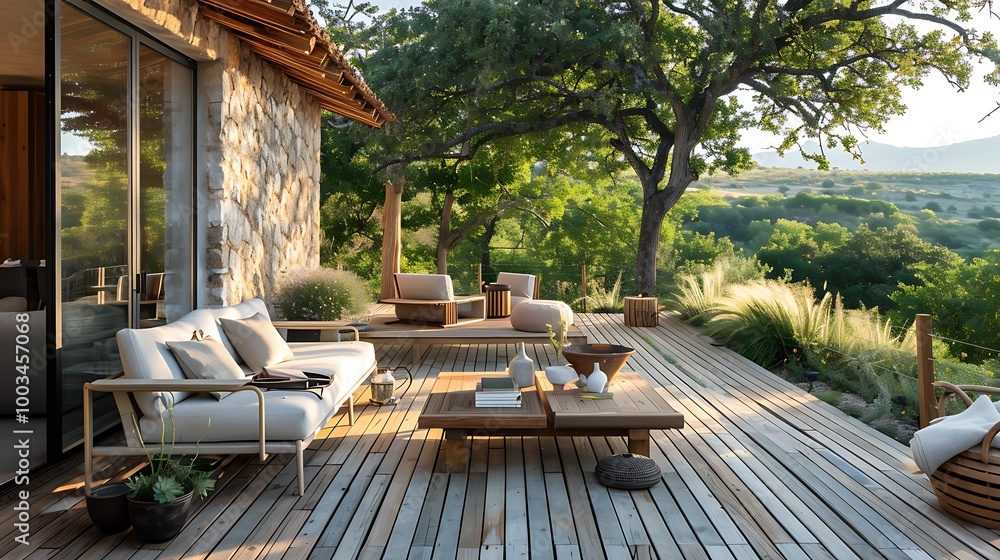 A cozy outdoor patio with a wooden deck, comfortable seating, and a view of the surrounding landscape. A cozy outdoor patio with a wooden deck, comfortable seating, and a view of the surrounding landscape.