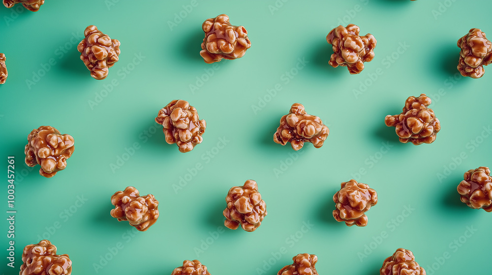 Caramel peanut brittle candy forming a pattern on a green background Caramel peanut brittle candy forming a pattern on a green background