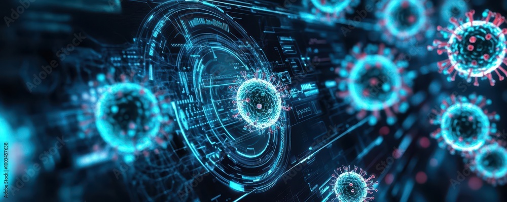 Influenza treatment, futuristic medical device, holographic interface, advanced viral scanning Influenza treatment, futuristic medical device, holographic interface, advanced viral scanning
