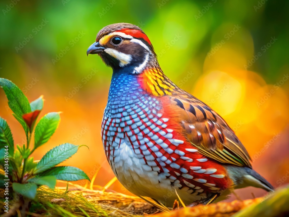 A stunning close-up captures a quail nestled in its natural habitat, highlighting its vibrant feathers and unique A stunning close-up captures a quail nestled in its natural habitat, highlighting its vibrant feathers and unique