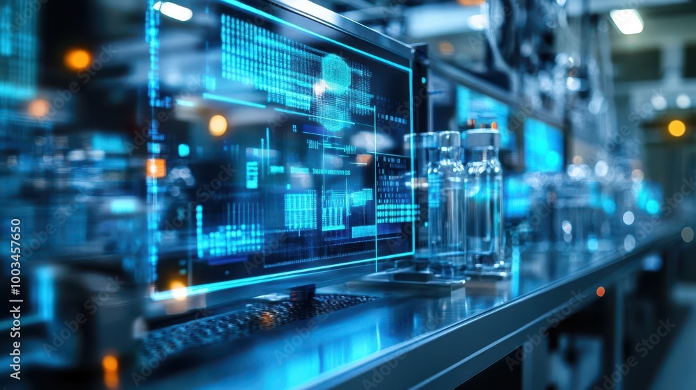 Influenza vaccine production, translucent digital screens, futuristic biolab, virtual reality simulation Influenza vaccine production, translucent digital screens, futuristic biolab, virtual reality simulation