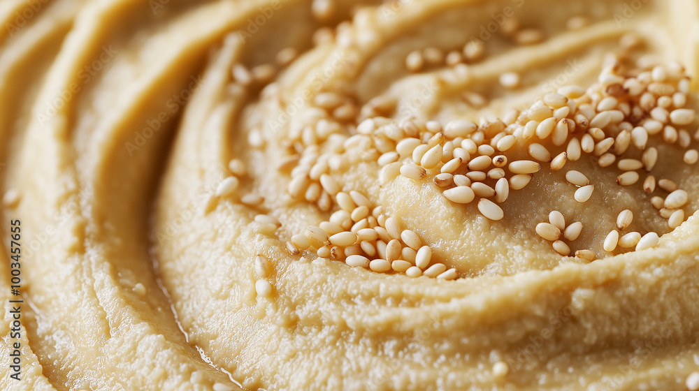 Creamy hummus texture topped with sesame seeds close up Creamy hummus texture topped with sesame seeds close up