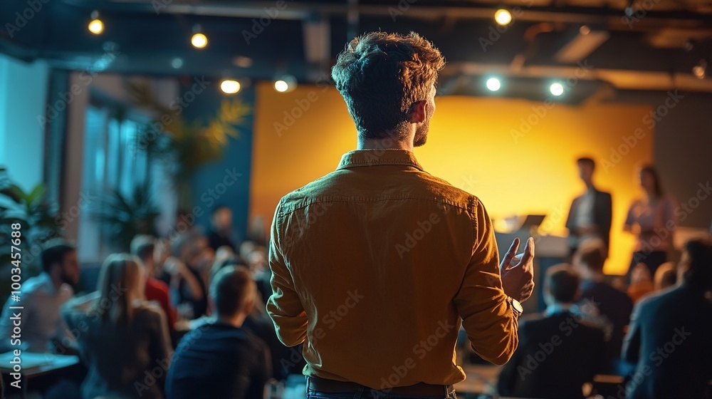 Engaging Speaker in Front of Audience at Event Engaging Speaker in Front of Audience at Event