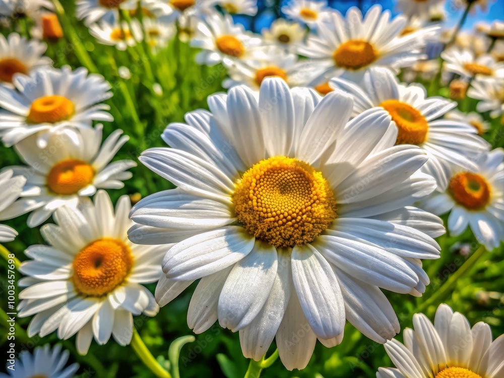 Fototapeta premium A stunning close-up of vibrant white daisies with bright yellow centers blossoms in a sunlit garden, showcasing