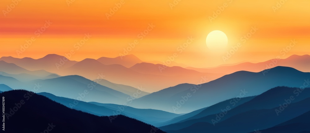 A breathtaking view of mountain layers under a sunset sky, with warm orange and purple gradients filling the sky above serene peaks A breathtaking view of mountain layers under a sunset sky, with warm orange and purple gradients filling the sky above serene peaks