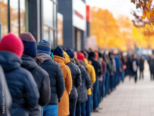People stand in long lines in front of a store, expressing anticipation or a special event, such as a sale, against the backdrop of city lights, creating a festive atmosphere in the city.