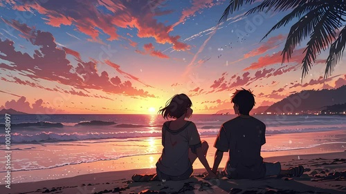 A serene sunset over a beach scene featuring a young couple sitting hand in hand, absorbing the beautiful colors of the sky seamless loop animation created with generative ai