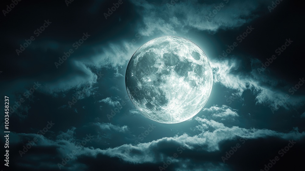Full Moon Shining Through Dark Clouds in a Night Sky Full Moon Shining Through Dark Clouds in a Night Sky