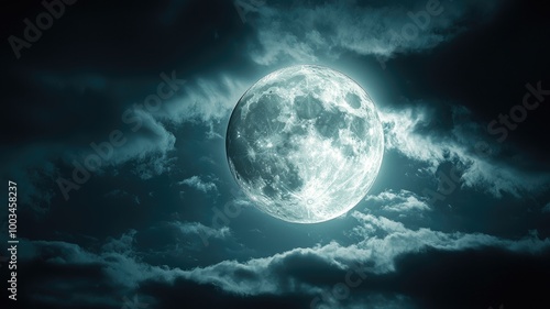 Full Moon Shining Through Dark Clouds in a Night Sky