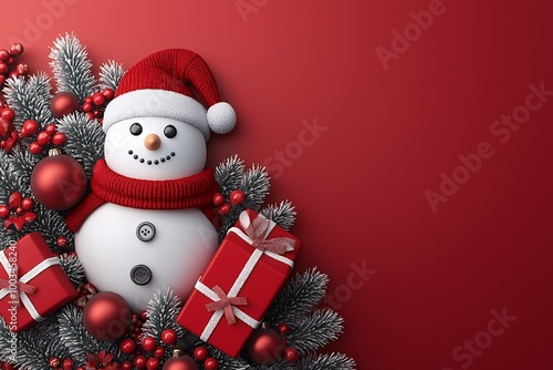 Snowman with a red hat, scarf, and gifts against a red background.