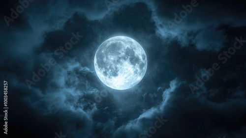 Full Moon Shining Through Dark, Cloudy Night Sky