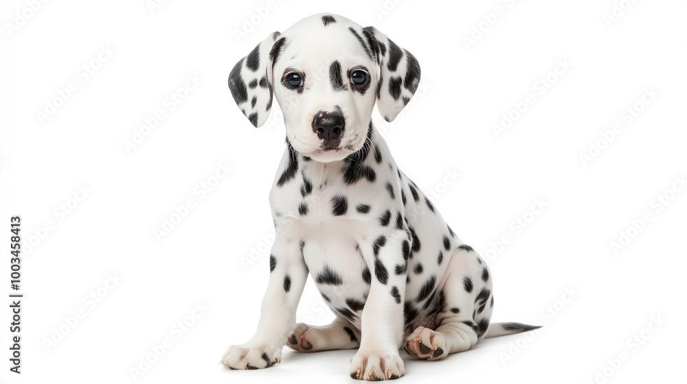 Adorable dalmatian puppy sitting on white background