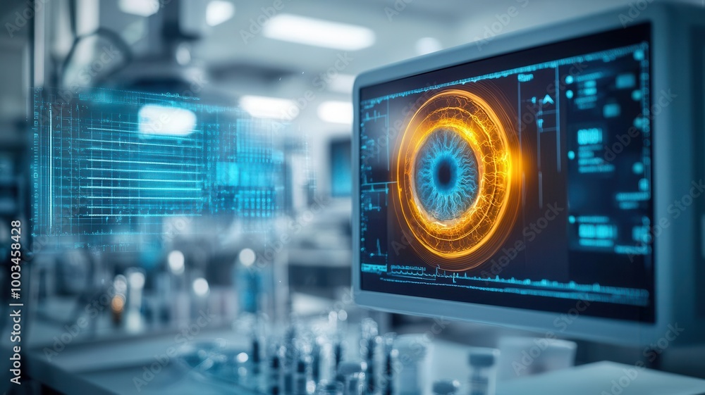 AI-powered eye infection treatment, augmented reality diagnostics, high-tech sterile lab, digital readouts AI-powered eye infection treatment, augmented reality diagnostics, high-tech sterile lab, digital readouts