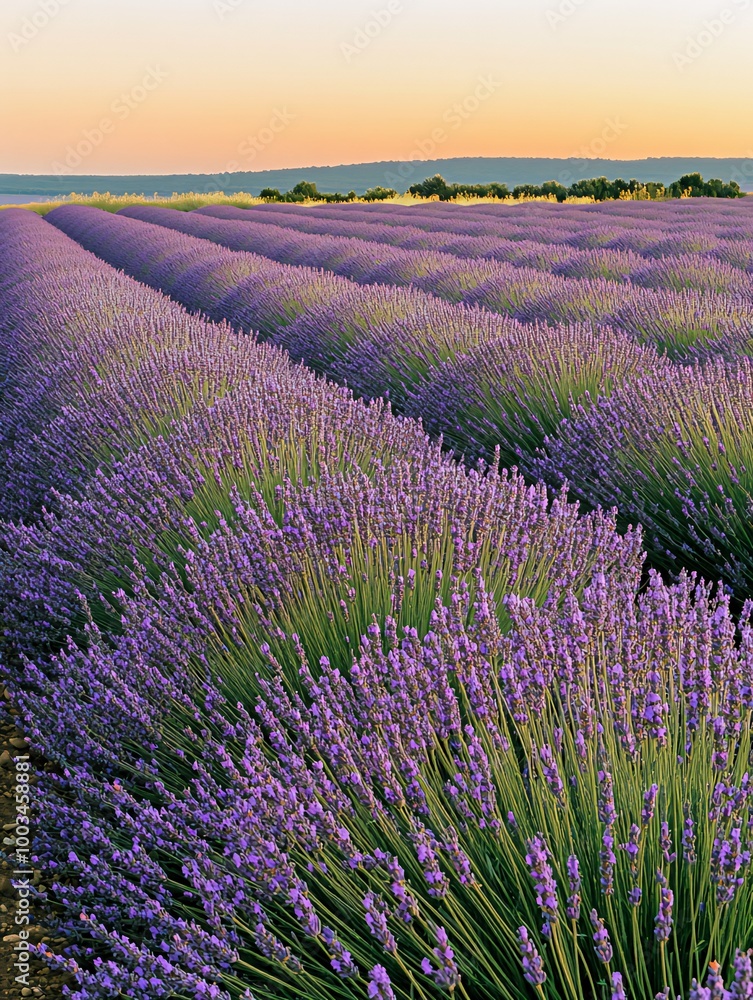 Naklejka premium Rows of lavender flowers in a field at sunset.