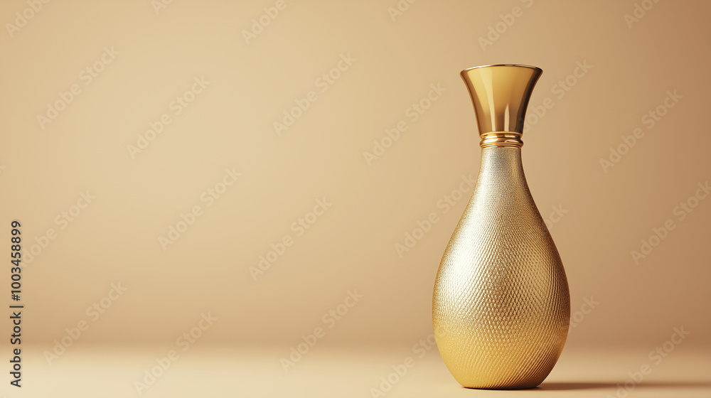 Elegant golden perfume bottle standing on golden background Elegant golden perfume bottle standing on golden background