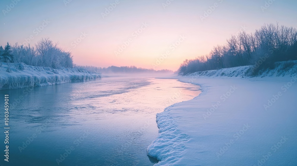 Fototapeta premium A serene winter river landscape at dawn, featuring icy banks and soft pastel colors in the sky reflecting on the water.