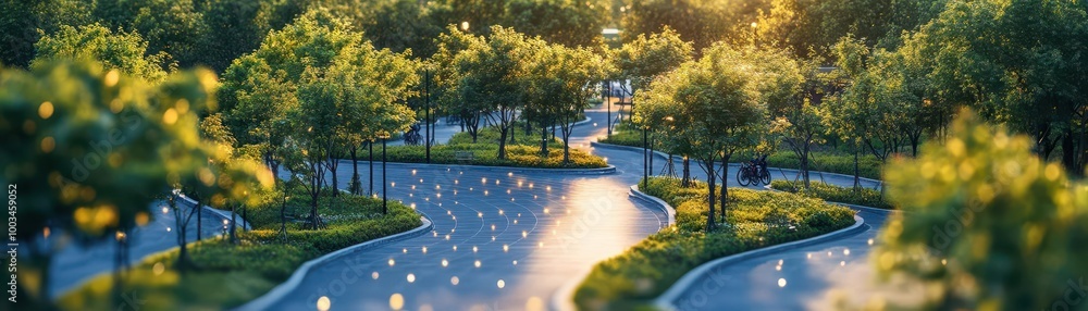 Obraz premium City park with trees, solar lighting, and bike paths, Eco-friendly urban park, sustainable public space