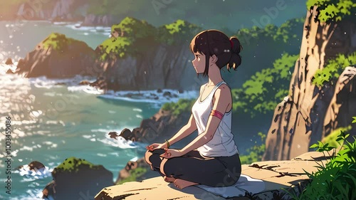 A lofi girl meditates peacefully on a rocky ledge, surrounded by lush greenery and a serene ocean view during sunset seamless loop animation created with generative ai