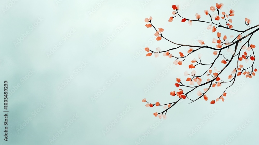 Delicate Branch with Colorful Leaves Against Soft Background Delicate Branch with Colorful Leaves Against Soft Background