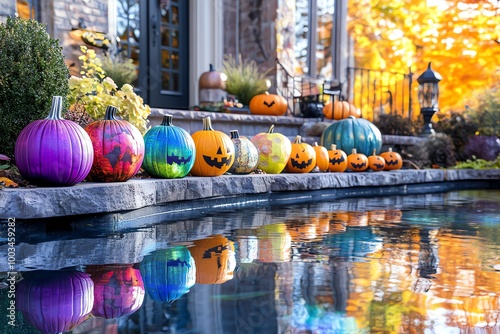 Colorful hand-painted pumpkins lined up by a reflective water surface with autumn foliage in the background, perfect for a festive Halloween celebration. photo