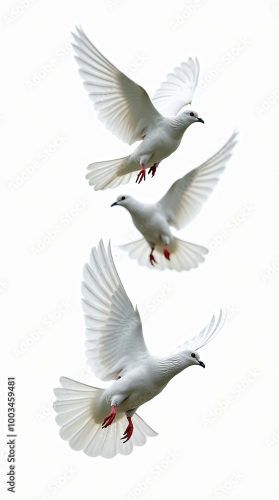 Close-up of three pigeons flying on a white background Close-up of three pigeons flying on a white background
