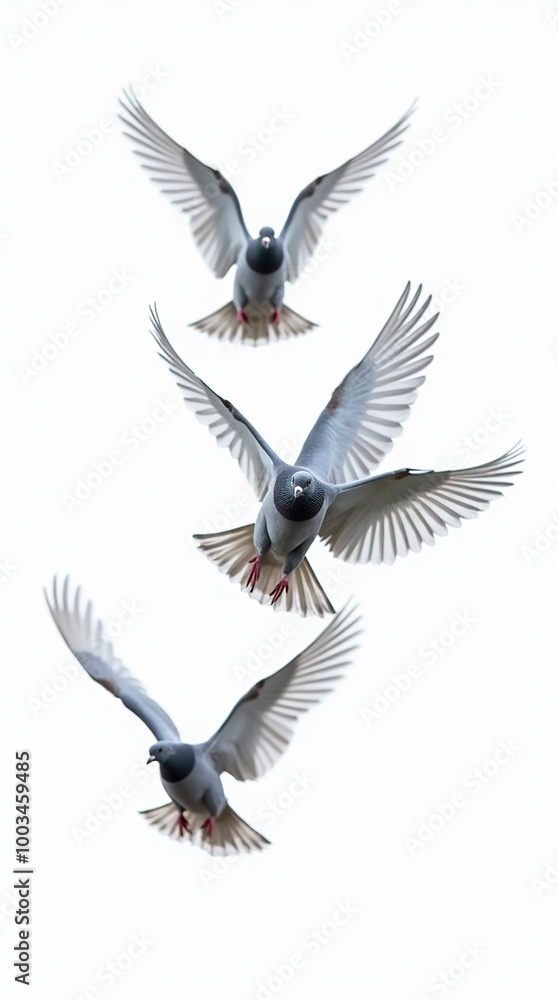 Fototapeta premium Three pigeons gracefully flying against a white background