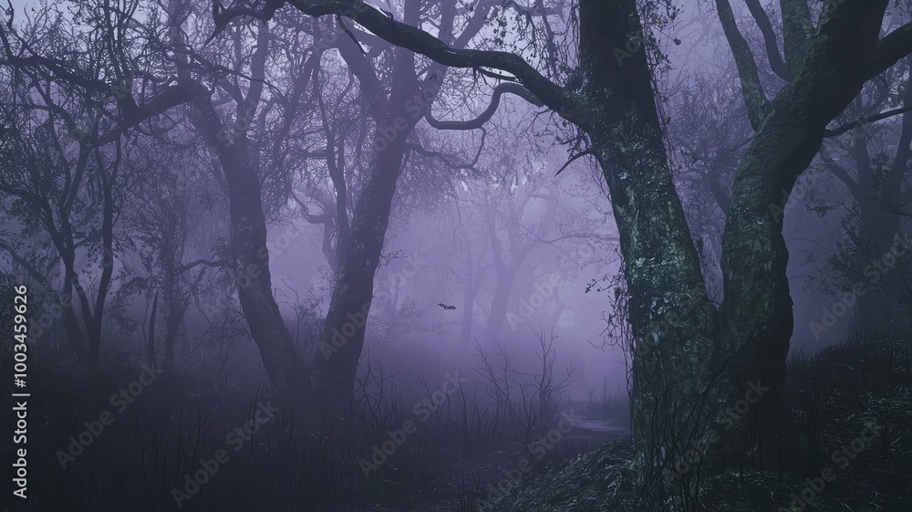 Fototapeta premium A Foggy and Eerie Forest Path with Bare Tree Branches