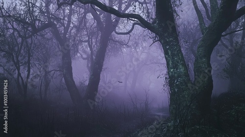 A Foggy and Eerie Forest Path with Bare Tree Branches