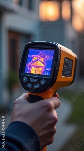 Thermal imaging device showing heat loss on modern house during daytime