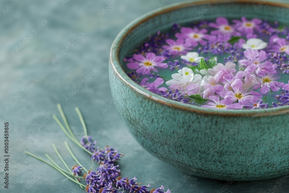 Herbal foot soak with lavender and chamomile in a ceramic basin, Lavender foot bath, calming spa ritual Herbal foot soak with lavender and chamomile in a ceramic basin, Lavender foot bath, calming spa ritual