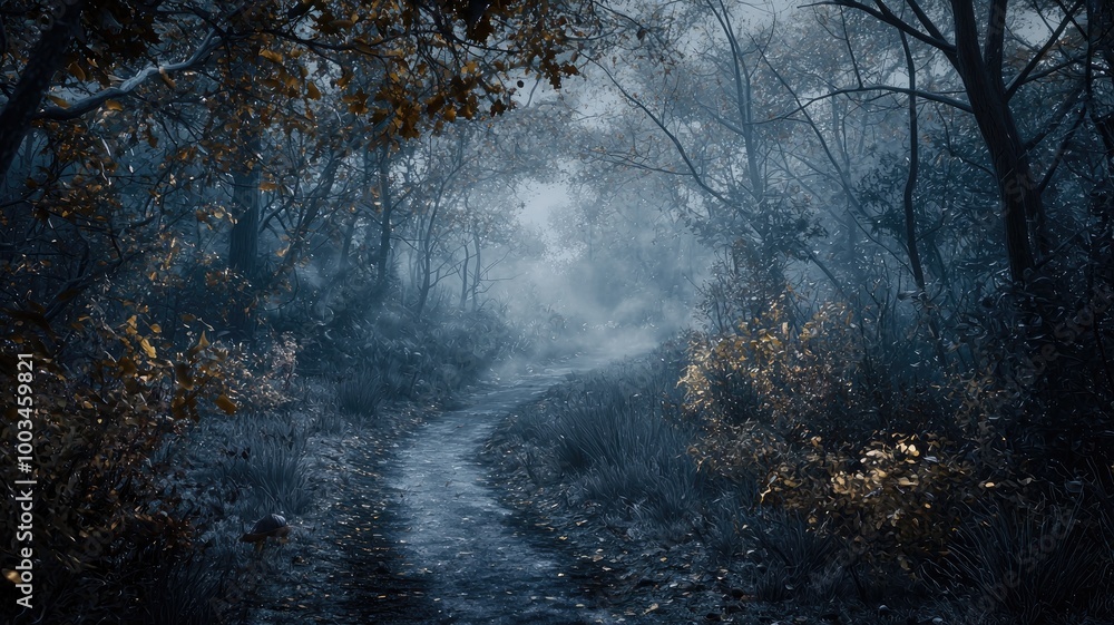 Obraz premium A Foggy Path Through a Mysterious Forest