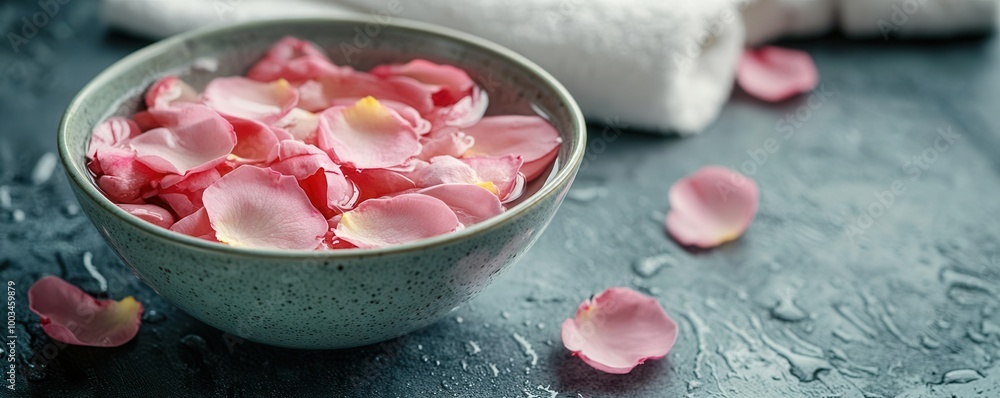 Rose water bowl with fresh rose petals and a soft hand towel, Rose water hand soak, nourishing beauty ritual Rose water bowl with fresh rose petals and a soft hand towel, Rose water hand soak, nourishing beauty ritual