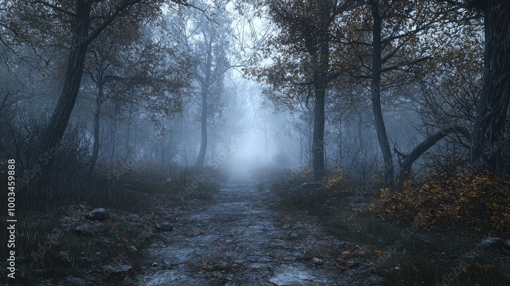 A Path Through a Foggy, Autumnal Forest A Path Through a Foggy, Autumnal Forest