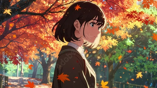 A lofi girl stands amidst vibrant autumn leaves, reflecting on the serene beauty of nature with warm colors surrounding her seamless loop animation created with generative ai