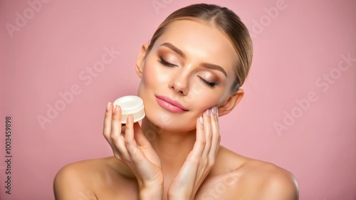 Happy Woman Enjoying Skincare Routine in a Cozy Bathroom with Radiant Smile with pink background