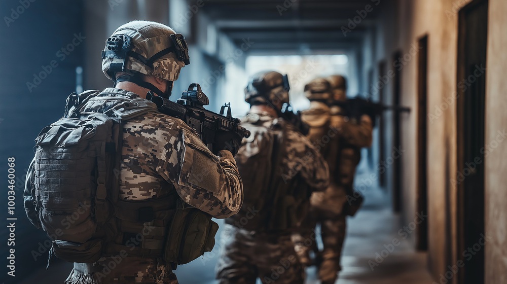 Fototapeta premium Group of armed soldiers patrolling building corridor