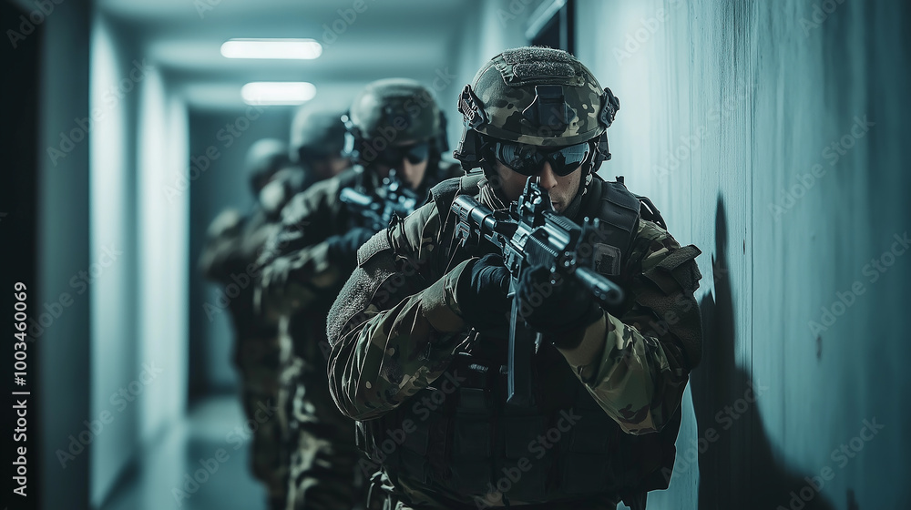 Squad of fully equipped soldiers clearing a corridor during military operation Squad of fully equipped soldiers clearing a corridor during military operation