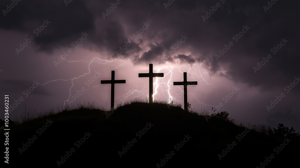 Three crosses on hill with dramatic lightning storm at night Three crosses on hill with dramatic lightning storm at night