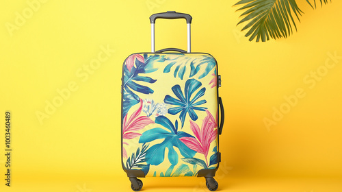 Yellow suitcase with tropical plants print standing on yellow background