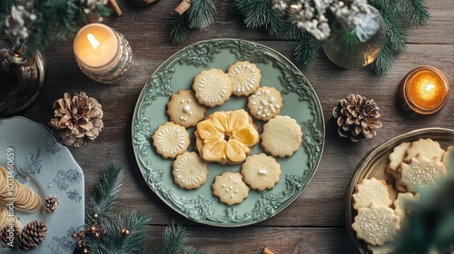 Delicious Christmas cookies arranged on a decorative plate, surrounded by candles and pinecones for a festive touch.