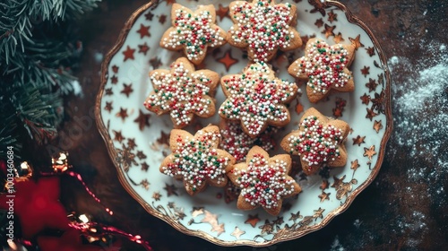 Delicious star-shaped cookies decorated with colorful sprinkles, perfect for festive gatherings and holiday celebrations.