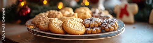 A festive plate of assorted cookies, perfect for holiday celebrations, featuring various shapes and textures to delight every palate.