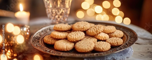 Delicious cookies arranged on a decorative plate, complementing a cozy atmosphere with soft candlelight and warm bokeh background.
