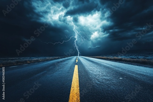 Dramatic Stormy Road with Lightning in Dark Sky